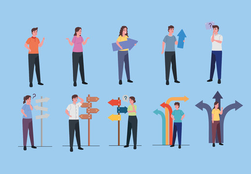 Colorful Direction Choice Decision Confused People Illustrations Set