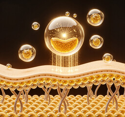 Golden Cosmetic Bubbles Penetrating Dermal Layer for Skin Care Technology and Cosmetic Delivery System