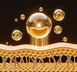 Skin Care Science Visualization with Golden Bubbles and Dermal Layer for Cosmetic Absorption and Tech Design