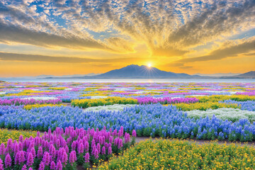 Colorful Flower Field with Sunrise and Mountains for Scenic Landscape and Travel Inspiration