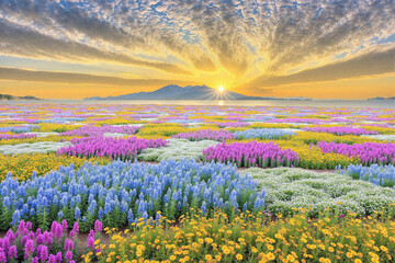 Vibrant Flower Field with Sunset and Mountains for Natural Scenery and Tourism Design