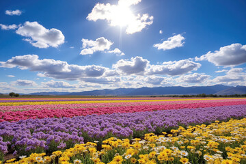 Diverse Flower Field with Blue Sky, Clouds and Mountains for Scenic Poster and Nature Branding