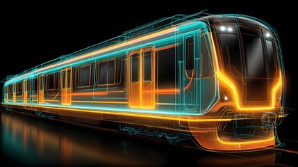 Futuristic illuminated schematic representation of a modern rail vehicle moving swiftly
