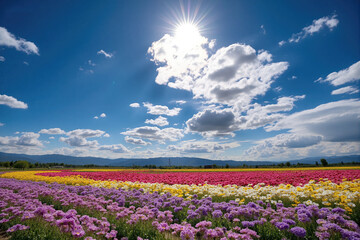 Multicolored Flower Field under Blue Sky and Sun for Floral Landscape and Outdoor Background