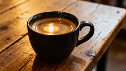 Dark ceramic cup filled with freshly brewed coffee rests upon a richly textured wooden surface