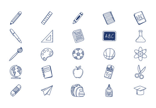 Colorful School Education Learning Stationery Doodle Icons Set