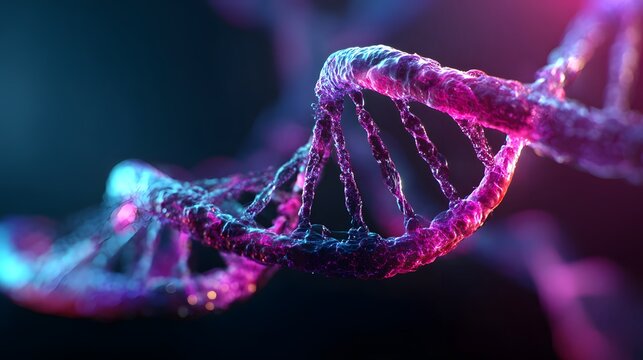 Glowing molecular helix structure spirals in deep dark background with vivid illumination