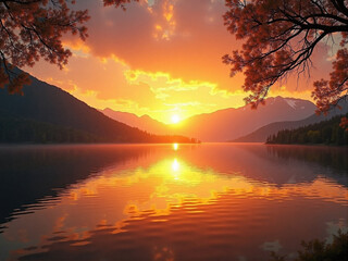 Lake Reflection of Mountain Sunset with Golden Sky for Vibrant Landscape and Artistic Design