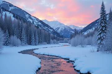 Snowy Mountain and River in Winter Forest for Cold Landscape and Winter Adventure