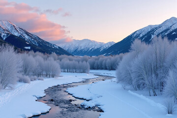 Snowy Mountain and Frozen River with Rime Ice for Winter Scenery and Arctic Landscape