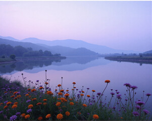 Serene Mountain Lake with Wildflowers in Purple Hues for Tranquil Nature Background and Travel Design