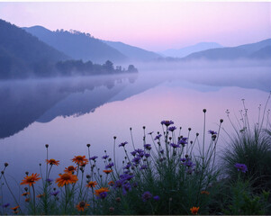 Misty Mountain Lake with Wildflowers at Dawn for Natural Landscape and Outdoor Adventure