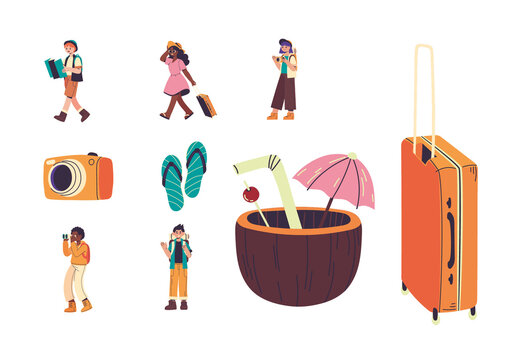 Colorful People Travel Vacation Illustrations Set
