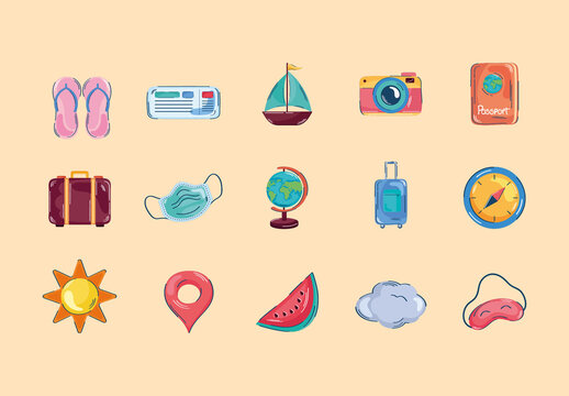 Colorful Travel Trip Vacation Illustrations Set