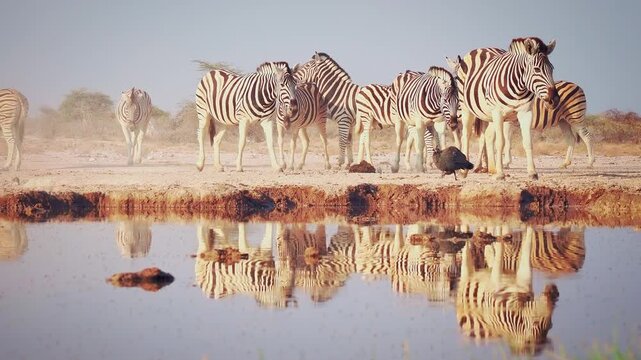 Plains Zebra - Equus quagga formerly Equus burchellii, also common zebra, most common and widespread species of zebra, black and white stripes in savannah, herd at waterhole drinking.