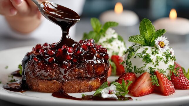 Decadent dessert being drizzled with sauce, garnished with berries & mint - Powered by Adobe
