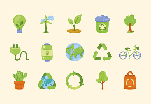 Colorful World Car Free Day Ecology Sustainability Illustrations Set