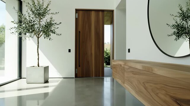 Minimalist hallway featuring a plant in a pot on wooden floor, showcasing harmony between nature and modern architecture, perfect for advertisers seeking to evoke feelings of calmness and.
