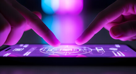 Close-up of fingers interacting with a futuristic holographic interface on a smartphone screen.