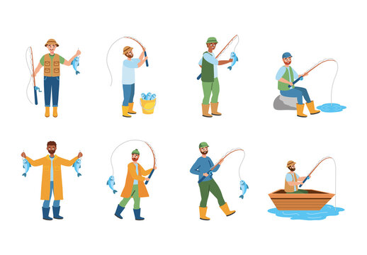 Colorful Fishing People Fishermen Characters Illustrations Set
