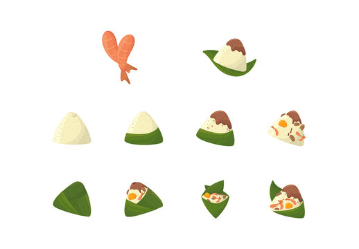 Green And White Zongzi Dumpling Leaf Asian Traditional Illustrations Set