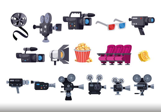 Colorful Film Camera Cinema Entertainment Devices Illustrations Set