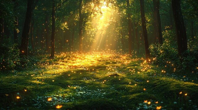 Magical sunlit forest path with glowing fireflies.