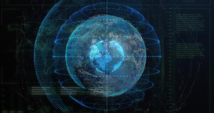 Receiving data pulse, hologram Earth forming, rotating rings, scanning HUD panels showing data - Powered by Adobe