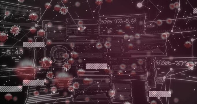 Camera shifting inward, red markers drifting across maroon UI, bars sliding, gauges showing data