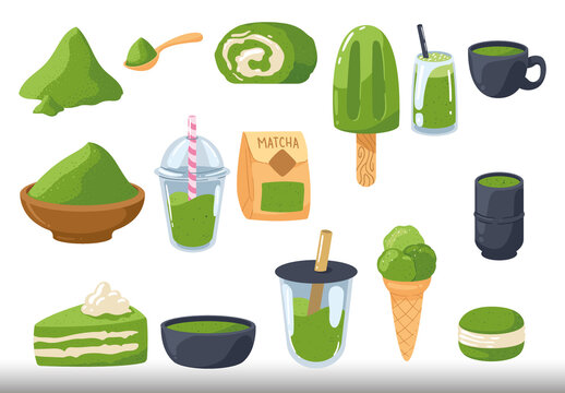 Colorful Matcha Tea Dessert Drink Food Illustrations Set