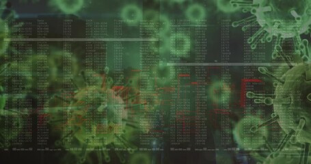 Mid adult woman walking bicycle, virus overlays and scrolling data revealing public health