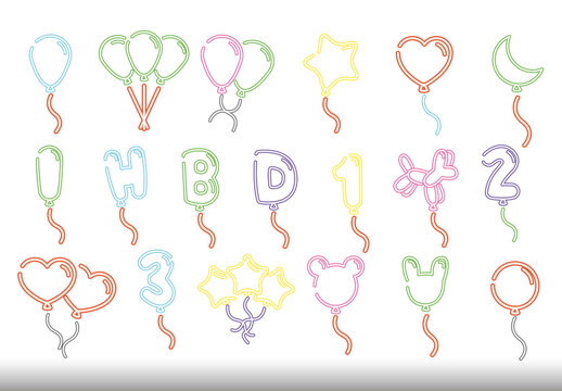 Colorful Balloon Birthday Celebration Party Neon Icons Set