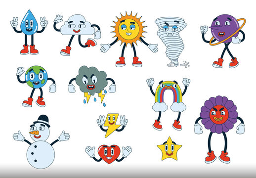 Colorful Weather Nature Planet Cartoon Illustrations Set