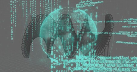 Camera orbiting, cyan mesh globe rotating and pulsing as code columns scrolling, visualizing data - Powered by Adobe