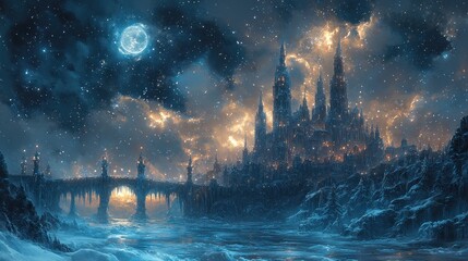 Naklejka premium Enchanting snow-covered castle at night, illuminated by moon and stars.