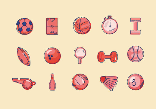 Red And Blue Sports Equipment Fitness Games Balls Icons Set