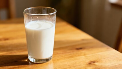 Glass of white beverage sits prominently upon a sunlit wooden surface