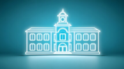 Luminous architectural outline of a classic municipal building glows against a dark teal background