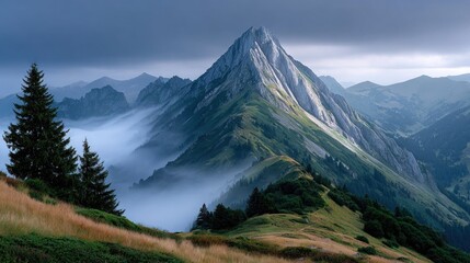 Obraz premium Dramatic peak rises above misty valleys with sharp ridges and evergreen trees