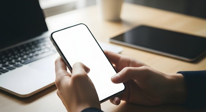 Close-up of hands holding a smartphone with a blank screen next to a laptop.