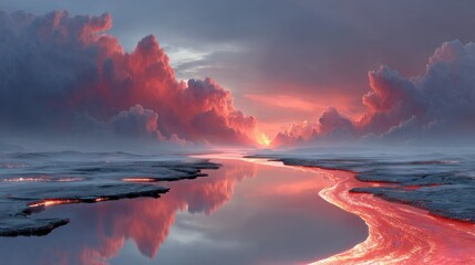 Dreamlike landscape of water reflecting a vibrant, fiery sunset under stormy clouds