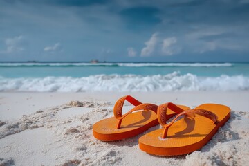 Orange Flip Flops on White Sand Beach with Turquoise Water and Cloudy Sky in Bright Daylight Summer Vacation Tropical Getaway