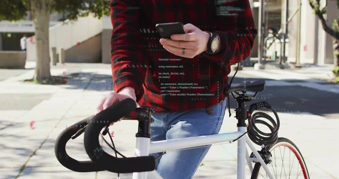Man tapping phone, leaning on bicycle with cable lock, activating tech overlays showing ride data