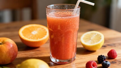 Refreshing chilled fruit beverage sits prepared on a rustic wooden table surrounded by fresh ingredients