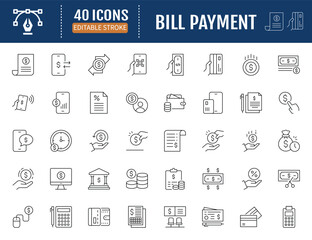 Bill Payment icon set. Includes finance bill, receipt, invoice, document, atm, cash, and other. Vector Illustration with Editable Strokes