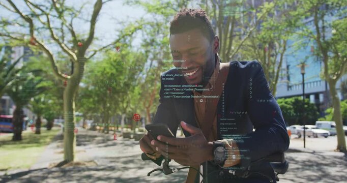 Man leaning on bicycle, tapping smartphone and bringing up tech overlay, reading and smiling