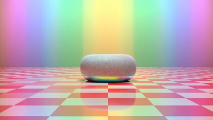 A light grey, fabric-covered cylindrical smart speaker sits on a reflective red and white checkered floor, illuminated by a vibrant multicolored backdrop