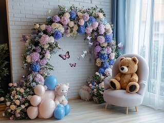 Charming teddy bear sitting in armchair surrounded by flowers and balloons