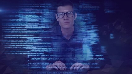 Dev typing at keyboard, starting blue hologram code and enveloping hands, visualizing data flow - Powered by Adobe