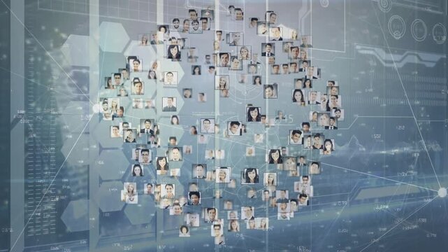 Headshot tiles converging into cluster on tech dashboard tightening pulsing revealing data network